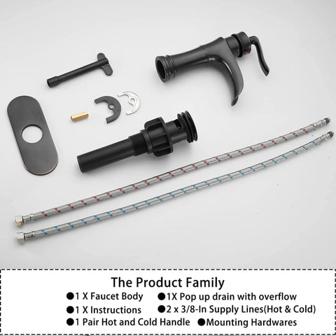 Oil Rubbed Bronze Waterfall Bathroom Faucet With Single Handle, 1 Or 3 Hole 4 Inch Install, components and hardware layout