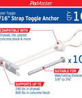 Heavy Duty Master Toggle-Bolt Strap Anchors Three Sixteenth Inch With Ten Steel Threaded Studs for drywall, wood, concrete block installation
