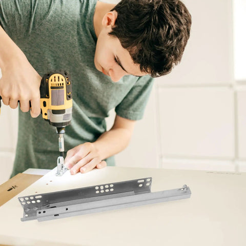 Person installing two piece drawer runner slides rust resistant steel construction super quiet two section rails for cabinets