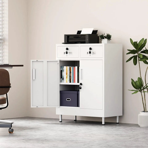 Built Tough Metal Storage Cabinet With Locking Doors And Two Drawers Lockable Cabinet With Adjustable Shelf For Home Office Garage Entryway Pantry White Finish