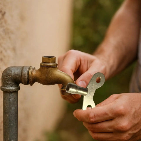 Thinking Process: brass 6mm faucet key tool turning an outdoor water valve