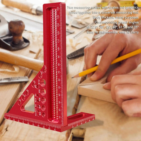 3D Multi Angle Aluminum Carpenter Ruler Protractor For Woodworking Scribing And Layout with preset angles on workbench