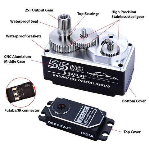 Low Profile Programmable Brushless Digital Servo For 1/10 Scale Drift Cars, 55kg Torque, metal gears, 270-degree range, cooling design