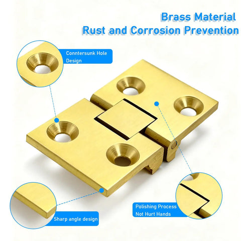 Heavy Duty Brass Flip Top Hinges For Furniture And Cabinet Doors Featuring 180 Degree Folding Concealed Joints Crafted From Real Solid Metal With Mounting Screws For Diy Projects That Are Damn Near Indestructible, showing detail of brass material and design features.