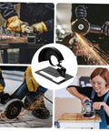 Heavy Duty Angle Grinder Protective Cover And Spark Guard Stand Featuring Rock Solid Balanced Base Holder For Power Tool Setups in use with sparks flying.