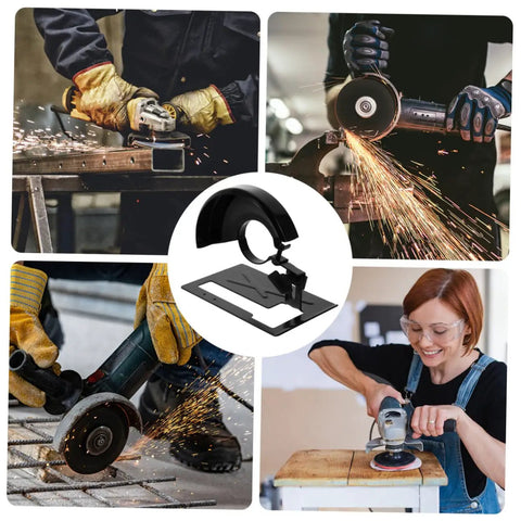 Heavy Duty Angle Grinder Protective Cover And Spark Guard Stand Featuring Rock Solid Balanced Base Holder For Power Tool Setups in use with sparks flying.