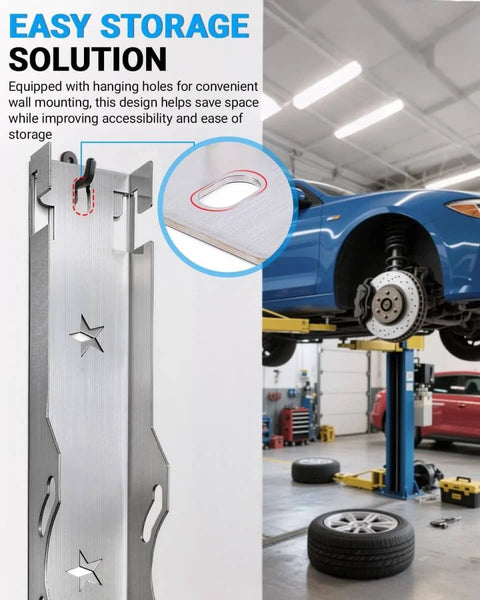 Pro Grade DIY Friendly Wheel Alignment Tool Set With Premium Stainless Steel Toe Plates And Connection Sheet in use at garage