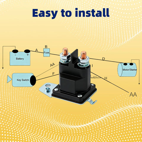Front view of a black starter solenoid relay for riding lawn mowers; shows two terminal posts and mounting base.