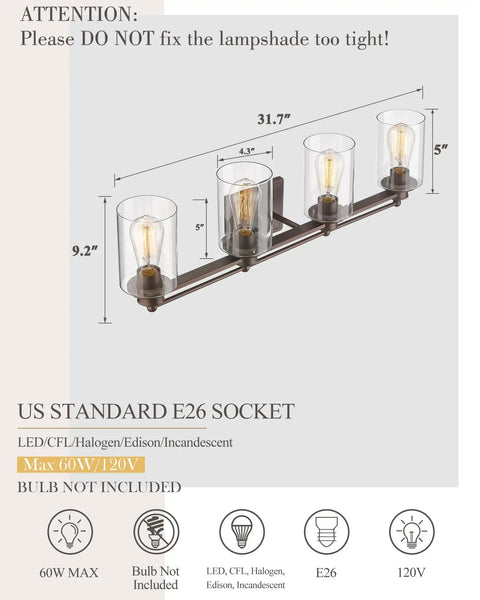 4 Light Vanity Light Fixture In Oil Rubbed Bronze Finish With Clear Glass Cylinders, Farmhouse Style Wall Sconce For Bathroom
