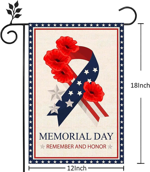 Memorial Day Garden Flag 12x18 Inch Double Sided Outdoor Patriot Flag Remembers And Honors Vets For 4th Of July Stars And Stripes Poppy Ribbon Yard Outdoor Decoration with poppy ribbon design.