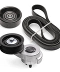 Belt Tensioner Serpentine Belt Idler Pulley Kit For Dodge Trucks And SUVs 3.9L 5.2L 5.9L 1992 2003 Fits D150 D250 D350 Dakota Durango Ram 1500 2500 3500 W150 W250 W350 Replacement, black and silver pulleys with belt