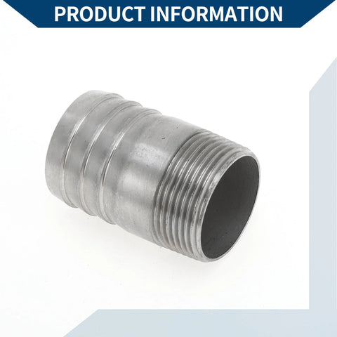 316 stainless steel hose barb I-shaped fitting, side view, 1.2in BSPT male thread, 1.6in OD