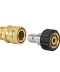 McKillans brass pressure washer quick-connect kit; M22-14mm to 3/8 inch male/female adapters, two connector halves.