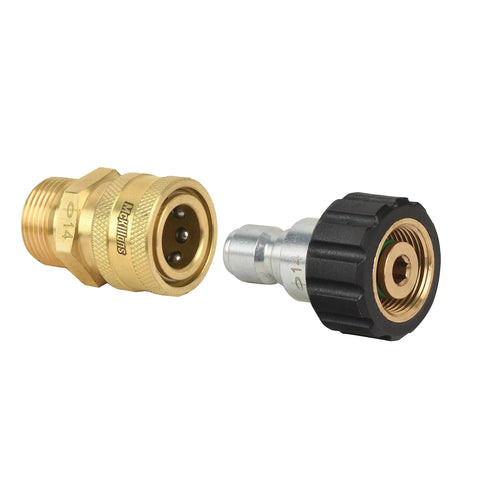 McKillans brass pressure washer quick-connect kit; M22-14mm to 3/8 inch male/female adapters, two connector halves.