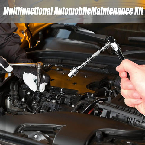 Heavy Duty 46 Piece Drive Socket Ratchet Wrench Set with One Quarter Inch Metric Hex Sockets in use on car engine repair