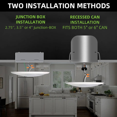 Diagram showing Easy Install Adjustable CCT LED Disk Light 5 6 Inch Flush Mount Recessed Ceiling Fixture for junction box or can.