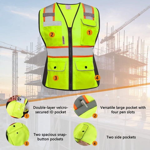 Kickass Hi Vis Safety Vest For Women Snag Free Mesh with heavy duty pockets, zip closure, and reflective tape.