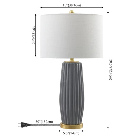 Gray 28.5 Inch Modern Ceramic Table Lamp With Fluted Base And White Linen Shade, Gold Accent, Energy Efficient LED Bulb Included, Perfect Nightstand Or Living Room Accent Light