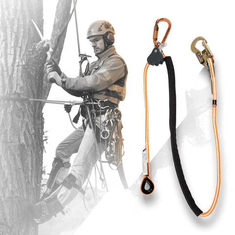 Arborist Lanyard For Tree Work, Half Inch Polyester Rope With Ten Foot Adjustable Length, Steel Snap Hook, High Visibility Orange.