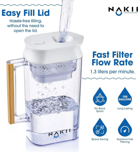 Long Lasting Water Filter Pitcher That Delivers 150 Gallons Ultra Fast Filtration And Purification Kicks Chlorine And Metals For Clean Tasting Drinking Water WQA Certified For Home Use with easy fill lid and fast filter flow rate.