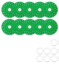 Four And A Half Inch Diamond Tile Cutter Blade For Angle Grinder Porcelain Ceramic Glass Marble And Wine Bottles Cutting Disc Seven Eighths Inch Arbor Ten Piece Set Beefy Performance With Porous Cooling To Reduce Heat Noise And Dust, ten green blades with arbors shown in set.
