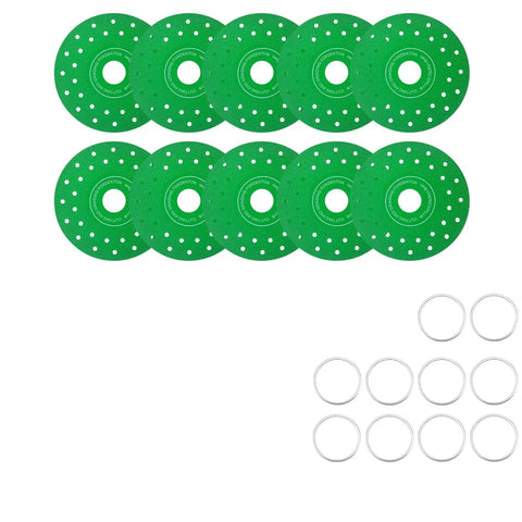Four And A Half Inch Diamond Tile Cutter Blade For Angle Grinder Porcelain Ceramic Glass Marble And Wine Bottles Cutting Disc Seven Eighths Inch Arbor Ten Piece Set Beefy Performance With Porous Cooling To Reduce Heat Noise And Dust, ten green blades with arbors shown in set.