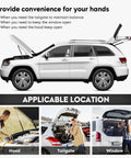 SUV with open hood, tailgate, and window showing Cadillac Escalade Rear Window Glass Struts Shocks Lift Supports Gas Spring Replacement Fits 1999 2000 2001 2002 2003 2004 2005 2006 Tahoe Suburban Yukon 2 Pcs.