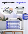 Indoor Bug Zapper With 2800V Grid, Heavy Duty Bug Buster, showing replaceable bulbs and removable tray for easy cleaning.