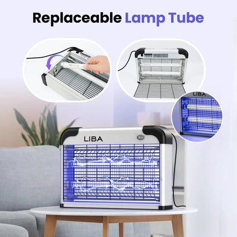 Indoor Bug Zapper With 2800V Grid, Heavy Duty Bug Buster, showing replaceable bulbs and removable tray for easy cleaning.