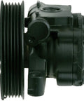 Heavy Duty Remanufactured Power Steering Pump With Triple Tested Valves For Dead On Factory Fit And Straight Up Smooth Steering On Domestic And Import Rides side view with detailed pulley.