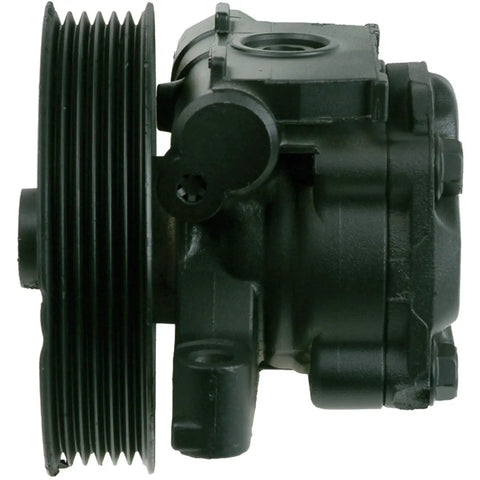 Heavy Duty Remanufactured Power Steering Pump With Triple Tested Valves For Dead On Factory Fit And Straight Up Smooth Steering On Domestic And Import Rides side view with detailed pulley.