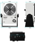 Anti Static Ion Fan Neutralizer for Electronics Manufacturing and Lab Use, front, side, and top views with dimensions
