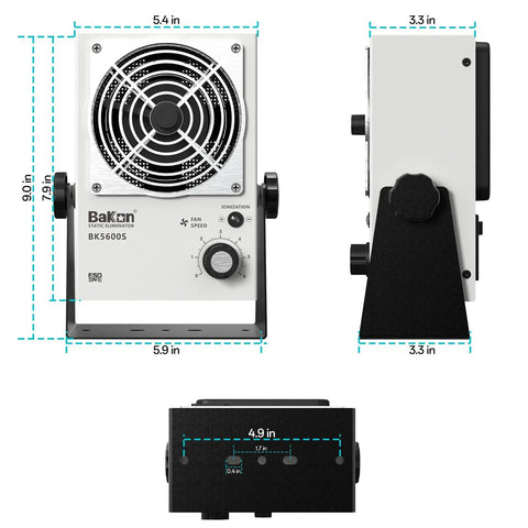 Anti Static Ion Fan Neutralizer for Electronics Manufacturing and Lab Use, front, side, and top views with dimensions