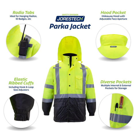 Hi Vis Yellow Waterproof Safety Parka With Reflective Stripes, ANSI Class 3 Type R Insulated Work Jacket showcasing features