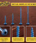 Outdoor Ready Pocket Hole Screws Kit, 400 Piece Assortment In Four Sizes showing galvanized head, thread, and self-tapping tail.