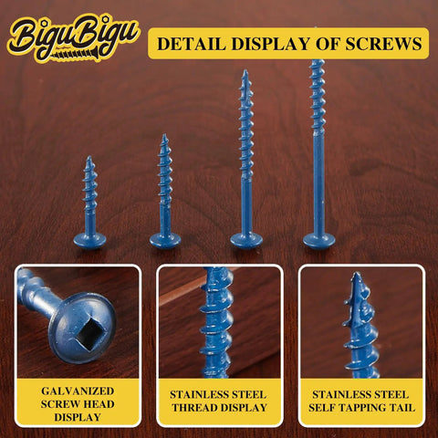 Outdoor Ready Pocket Hole Screws Kit, 400 Piece Assortment In Four Sizes showing galvanized head, thread, and self-tapping tail.