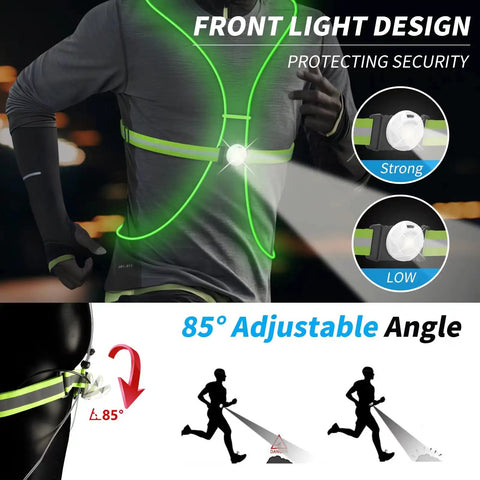 LED Reflective Running Vest With Front Light For Runners And Cyclists, highlighting front light, strong and low brightness.