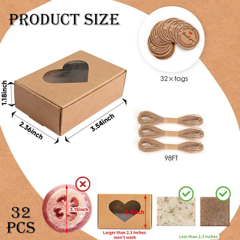 Brown Soap Boxes With Clear Window 32 Pack In 4 Shapes 3.54 X 2.36 X 1.18 Inch with tags and jute twine shown.