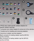 Real Deal Heavy Duty 28 Piece Radiator Pressure Tester And Pneumatic Vacuum Coolant Refill Kit showing 17PCS color coded radiator adapters.