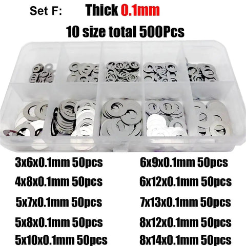 Ultra Thin Stainless Steel Flat Washer Set For Small Fasteners M2 Through M8 304 316 Grade 500 750 1200 Pcs Adjustable Shim And Gasket Kit Included With Smooth Edges For Tight Spaces, 0.1mm set in organizer box