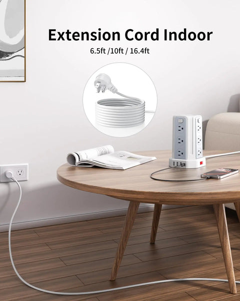 Power Strip Surge Protector Tower With 12 AC Outlets And 4 USB Ports Including USB C, 10 Foot Extension Cord on wooden table