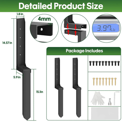 Kickass Heavy Duty Fence Post Repair Kit 2 Pack Rock Solid 8mm Double Layer Steel Post Anchor with detailed size guide.