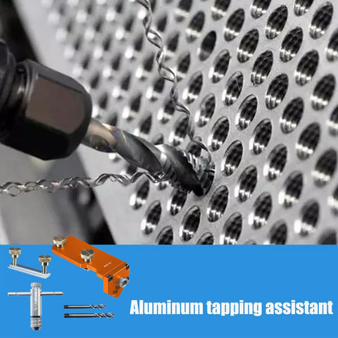 Precision Aluminum Extrusion Drill Jig With Dead On Vertical Alignment Multi Size Snap Fit in use on perforated aluminum sheet.
