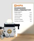 Stihl Trimmer Carburetor Replacement Kit alongside dimension guide for FS45, FS38, FS55 and Weedeater tools.