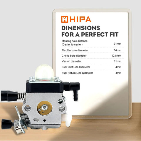 Stihl Trimmer Carburetor Replacement Kit alongside dimension guide for FS45, FS38, FS55 and Weedeater tools.