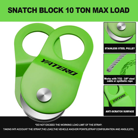 Off Road Recovery Kit With 10 Ton Snatch Block Pulley 3 Inch By 8 Foot Tree Saver Strap Two D Ring Shackles And Heavy Duty Winching Accessories For Truck And SUV Rescue, green steel pulley