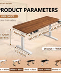Rock Smooth Electric Height Adjustable Desk With Walnut And White Finish featuring Quiet Lift Motor And Memory Presets Perfect Sit Stand Workstation For Office Gaming Or Creative Projects At 63x24 Inches with product parameters displayed.