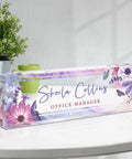 Personalized Acrylic Desk Name Plate With Purple Flower Design, Custom Name Plate For Office Desk with floral accents