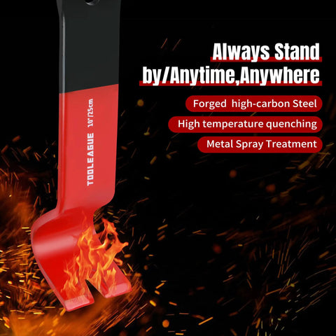 Close-up of a pry bar from the Four Piece Heavy Duty Pry Bar Set With Nail Puller, surrounded by fiery sparks.
