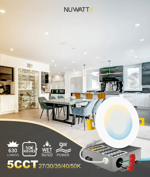 Dope 4 Inch Ultra Thin LED Recessed Lighting Kit With 5 Color Temperatures Selectable 2700K 3000K 3500K 4000K 5000K, 630 Lumens, 9 Watts, IC Rated, Dimmable Canless Wafer Light With White Trim, Metal Junction Box, ETL, 6 Pack